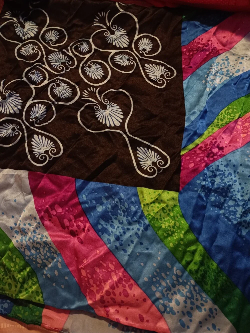 Silk Black Scarf with White Floral Scroll Print - Women's Accessory